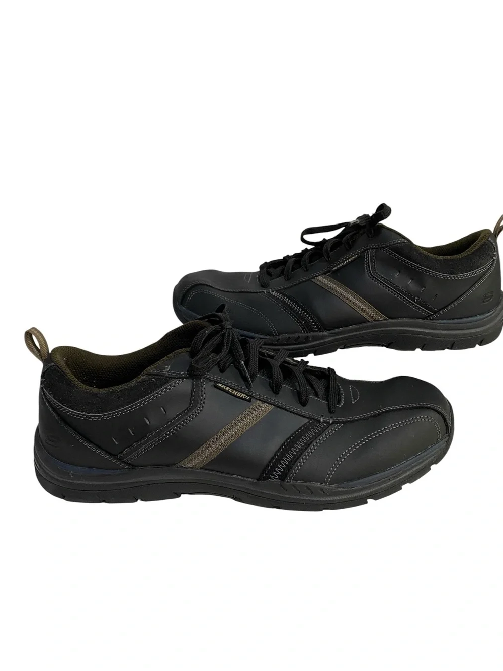 Skechers Men's Black Sneakers Leather Brown Accent Stripe Memory Foam Size 13